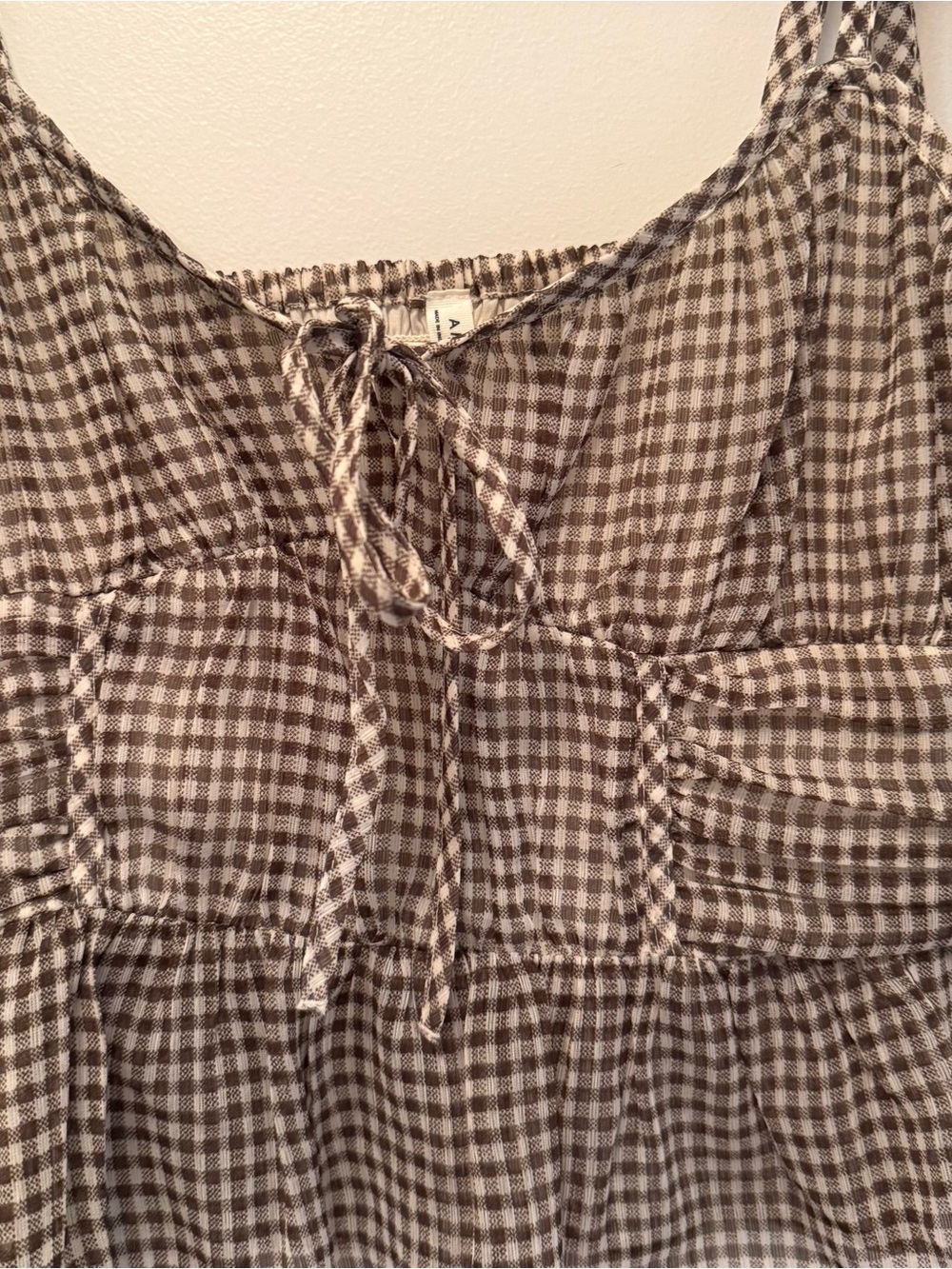 American Eagle Gingham Smocked Tie-Strap Peplum Crop Top | Brown/Cream | Size M - Picture 4 of 8